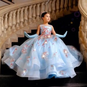 Blue Flower Girl Dresses Princess Floral Quinceanera Baby Girl’s Birthday Party Gowns Customized Ball Gown Kids Pageant Dress