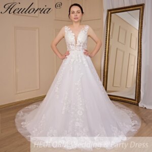 HEULORIA Elegant Wedding Dress A line V neck lace beading Wedding Bridal dress