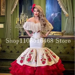 Elegant Mermaid Evening Sheath Dresses Strapless Cascading Ruffle Floral Embroidered Mexican Customised disfraz catrina mujer