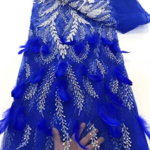 2025 High Quality Beaded Lace Fabrics Embroidery Feather French Luxury Lace African Royal Blue Lace Fabric Nigerian Dress A722-1