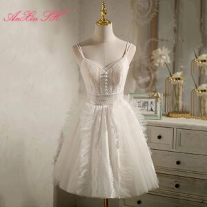 AnXin SH vintage white flower lace spaghetti strap pearls button sleeveless short customized evening dress little white dress