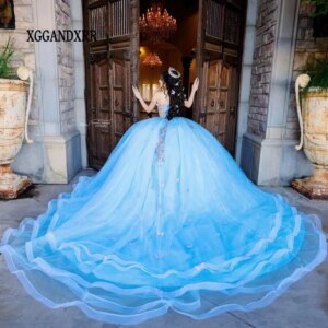 Sky Blue Princess Quinceanera Dresses 2024 3D Flower Sweetheart XV Ball Gown Sweet 16 Dress Mexican Vestido De 15 Quinceañeras