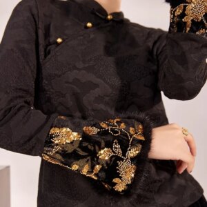 New Chinese style shirt embroidery cuff gold stitching design blouse