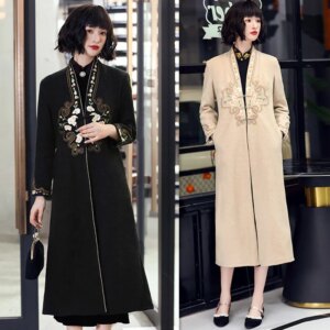 Winter New Thickened Long-Sleeved Woolen Embroidered Cheongsam Qi Pao Outer Wear Fashion Improvement Women’s Coat Overcoat
