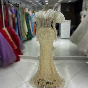 Luxury Champagne Crystal Tassel Long Sleeve Formal Occasion Gowns Sparkle Off the Shoulder Corset Mermaid Evening Party Dress