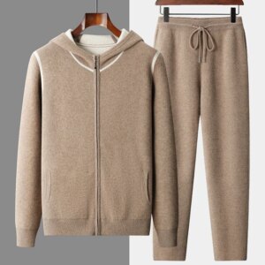 Men’s 100% Cashmere Sweater Suit Hooded Cardigan Cashmere Pants Thick Warm Knitwear Autumn Winter Smart Casual Trousers Tops