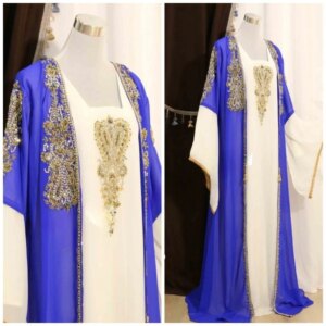 Blue 8 White Moroccan Kaftan Crystal Work African Party Wear Abaya Dress Long Gown