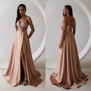 Customized Intricate Matching Prom Dresses A-line Spaghetti Satin Spaghetti strap Floor length Flower Paillette