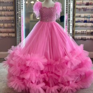 Pink Feather Girls Birthday Party Dresses Customized Ball Gown Ruffles Beaded Flower Girl Dress Princess Kids Pageant Gowns