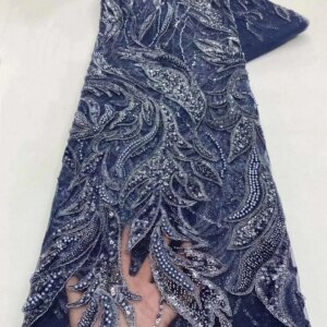 Gold Sequence Tulle Lace Beaded Lace 2024 High Quality Royal Blue Beaded Embroidered Lace Fabric For Wedding Party Dress KB3713