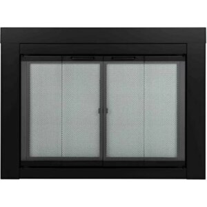 Fireplace Glass Door Large Black Bi-fold Doors Standard Mesh Panel 180 Degree Open Alloy Steel 43.5″L x 33″W Easy Grip Handles