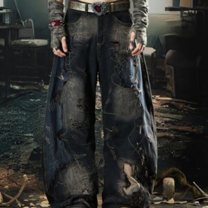 Niche Designer Wasteland Style Wear Heavy Industry Patch Washed and Worn Deconstruction Machete Jeans Loose Wide Leg Pants