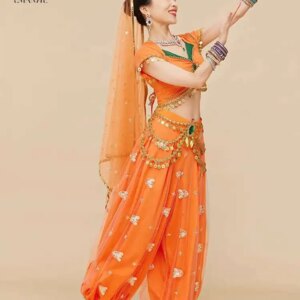Yiman Exotic Indian Dance Costume, Ethnic Style Women’s Belly Dance Costume, Sari Top, Big Swing Skirt, Lengha Set