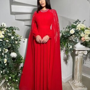 Customized Long Sleeves Evening Dresses Pleated Beadings O-Neck Prom Dresses Floor Length Party Dresses Vestidos De Noches