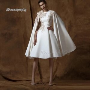 Modern Knee-Length A-Line Satin Evening Dresses Cape Sleeve Champagne Lace Appliques Customized White Formal Party Gown