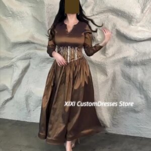 Customized فساتين سهرة A-Line V-Neck Formal Occasion Dresses Floor-Length Beadings Zipper Up Long Sleeves Wedding Party Dress