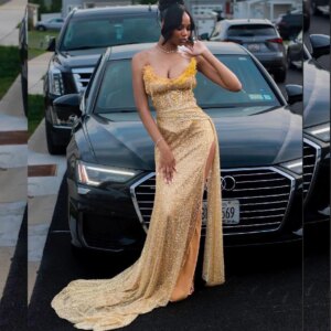 Gold Mermaid Prom Dresses for Black Girls Sweetheart Side Split Sequined Crystal African Birthday Party Matric Dance Gown Custom