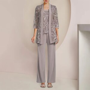 3 Pieces Beads Mother of the Bride Dress with Jacket O-Neck Ankle-Length Straight Chiffon Wedding Guest Party Evening Skirt 2023