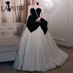 Black White Puffy Prom Dresses Off Shoulder Velvet Bodice Crystals Evening Dress Peplum Shiny Skirt Celebrity Formal Dress