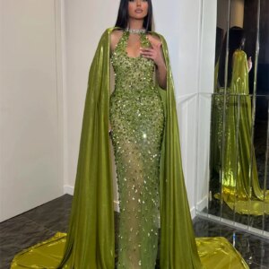 Luxury Dubai Stunning Rhinestones Sequin Formal Evening Dress with Long Cape Heavy Beads Mermaid Celebrity Party Dresses 2024