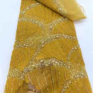 Latest Hot Sale Fashion Africa Lace Fabric High Quality Handmade Embroidery Lace With Beads Sequins Party For Wedding Dress