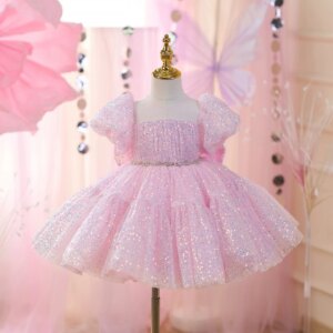 Dreamy Vow Gorgeous Sequined Tulle Pink Baby Girl Dress With Bow Wedding Birthday Holiday Party Knee Length Prom Ball Gown J818