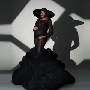 2025 Modest See Thru Mermaid Maternity Dresses Photography Dress or Photo Shoot Ruffled Puffy Tulle Sheer Black Maternity Gowns