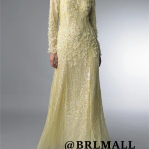 BRLMALL Elegant Full Sleeves Evening Dress with Beads Sequins 3D Flower Appliques Prom Dresses Long Formal Dresses Customized