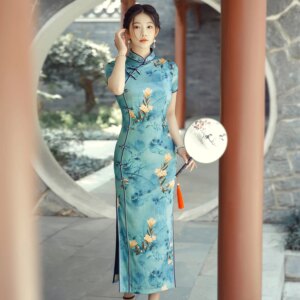 Spring and Summer New High Quality Real Silk Printed Modified Long Type plus Size Cheongsam Qipao Women’s Dress