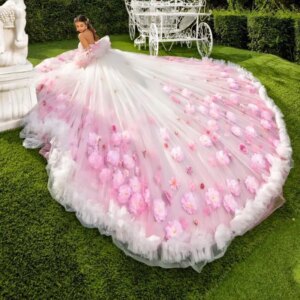Customized Shiny Light Pink Quinceanera Dress Lace 3D flower Tull Lace Long tail vestidos de 15 Quinceanera 
