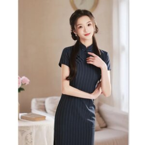 Pure Color Vertical Bar Plaid Long Cheongsam Qi Pao Summer New High Daily