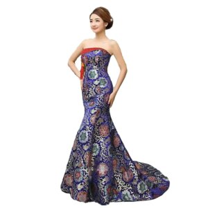 Chinese Wedding Party CheongsamTraditional Long Style Women Clothing Charming Sexy Qipao Blue And Red Gown Oriental Costume