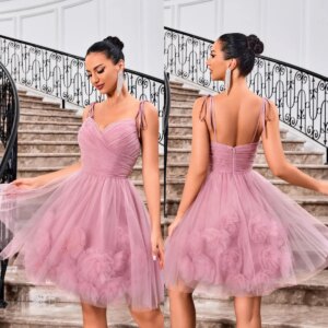 New Dark Pink Evening Dresses A Line Sleeveless Tulle Prom Dress Ruffles MIni Formal Vestidos De Fiesta Custom Made