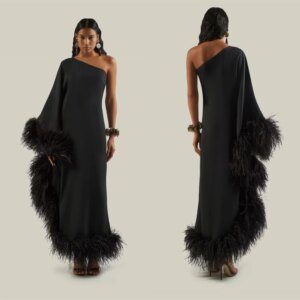 Customized Exquisite Black Jersey Evening Dress Classic One Shoulder Half Sleeves Feathers Delicate Bespoke Occasion Gowns