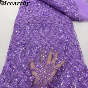 New Purple Latest Africa Embroidered Tulle Net Fabric Luxury Beads High Quality Luxury Sequins Net Lace Evening Party Dress