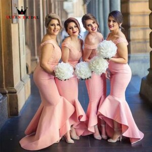 Sexy V-Neck Bridesmaid Dress 2023 Pink Mermaid Lace Appliques Wedding Party Gowns Floor Length Backless Dress Custom Made RG01M