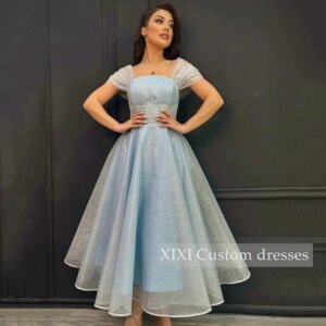 XIXI Customized Luxury Evening Dresses A-Line Square Neckline Prom Dresses Floor-Length Short Sleeves Lining Zipper Up
