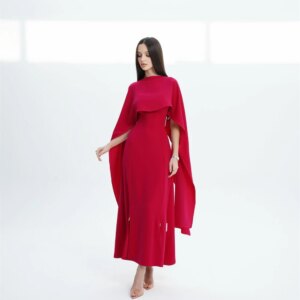 Customized Exquisite Red Jersey Evening Dress Fashion Draped Ruched Crew Neck Long Sleeves Zipper Back Bespoke Occasio