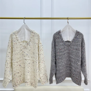 Colorful Sequins Women’s Wool Blend Sweater Autumn Winter V-Neck Long Sleeve Loose Ladies Knitted Pullover