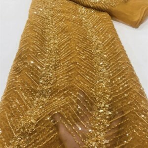 Luxury African Sequins Beaded Lace Fabric 2025 High Quality Lace 5 Yards Gold French Lace Fabric Nigerian Lace Fabrics Party FJ