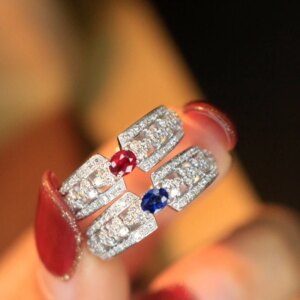Aazuo 18K Solid White Gold Natrual Ruby Blue Sapphire Real Diamond Fairy Ring Gifted For Woman Wedding Day Deluxe Banquet Party