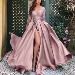Shiny Satin Ball Gown Evening Dresses V-Neck Elegant Gowns Luxury Dubai Gold Formal Party Dress  Wedding Prom Dinner Customized