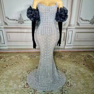 MisShow Customized Evening Dresses Black Girl’s Crystal Beaded Fishtail Gown | Dramatic Ruffle Sleeves & Gloves for Gala Events