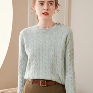 Women’s Cashmere Sweater, Thickened, Round Neck, Cable Knit, Shoulder Buckle, Fashionable, Knitted, Top, Pullover, Autumn/Winter