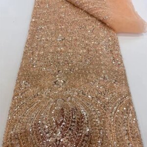 Luxury African Lace Fabric 2025 High Quality French Peach Sequins Embroidery Bead Tulle Lace Fabric For Party Dress 5Yard A926-1