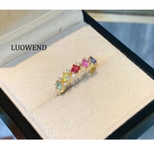 LUOWEND 100% 18K Yellow Gold Rings Women Natural Diamond Natural Color Sapphire Ring Elegant Gentle Style High Wedding Jewelry
