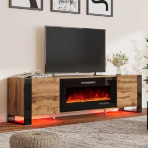 Fireplace TV Stand, 80″ Entertainment Center LED Lights, U-Shaped Legs TVs Console Cabinet, TV Stand Black Fireplace