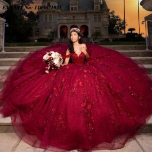 EVLAST Customized Glitter Burgundy Floral Quinceanera Dress Ball Gown Applique Beading Corset Sweet 16 Vestidos De 15 Anos SQ767