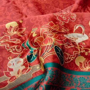 26 M Red Yarn Flower Rose 100% Silk Fabric Pants Cheongsam Vest Skirt