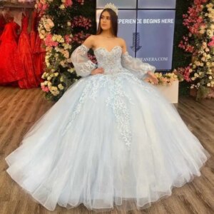 Customized Water blue Charming Sweetheart Quinceanera Dresses Appliques Puff Sleeves Corset Royal Train Robe Quinceanera Rouge